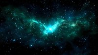 Vibrant turquoise nebula formation against dark space background with glowing stars and cosmic dust clouds creating ethereal celestial landscape for astronomy designs.