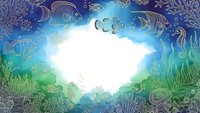 Underwater marine life frame with tropical fish, coral reefs, seaweed and ocean plants creating decorative border around white copy space for text or design.