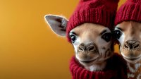 Adorable chihuahua dogs wearing matching red knitted winter hats against warm golden background, close-up portrait showing expressive eyes and sweet smiles.