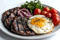Grilled ribeye steak with sunny side up egg, fresh cherry tomatoes, red onion rings and chopped parsley served on white plate, close up view of protein meal.
