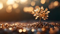 Golden metallic plant growing from glittering surface against blurred warm bokeh background, symbolic representation of growth, hope and prosperity.
