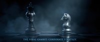 Chess pieces king and knight face off in dramatic lighting with corporate strategy text overlay for business presentations and strategic planning concepts.