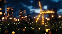 Illuminated wooden cross on grassy hill at dusk, surrounded by glowing bokeh lights and fireflies creating magical atmosphere against dark blue evening sky.