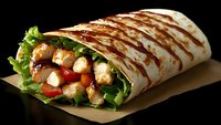 Grilled chicken wrap with fresh vegetables and sauce on kraft paper against black background, ready for takeaway meal.