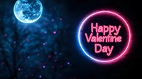 Glowing neon Happy Valentine Day sign with blue full moon in night sky, romantic bokeh lights background creates magical atmosphere.