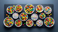 Colorful candy assortment in white bowls on dark slate background. Sweet treats collection with gumballs, jellybeans and confectionery for party celebrations.