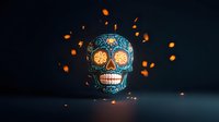 Glowing turquoise sugar skull with ornate floral patterns and golden details floating in dark space with magical orange particles, traditional Day of Dead symbol.