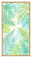 Tropical foliage pattern with monstera and palm leaves in shades of green and yellow on white background, framed in bamboo. Seamless design tiles into continuous botanical wallpaper.