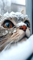 Close-up portrait of curious cat with snow on fur looking through window. Large amber eyes and pink nose covered in snowflakes create whimsical winter scene.