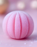 Pink sugar-coated marshmallow candy with delicate grooved texture and soft powdery surface against blurred pastel background, macro food photography.