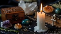 Mystical altar setup with burning candle, crystals, wooden box and herbs for spiritual rituals, meditation and esoteric practices.