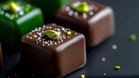 Dark chocolate bonbons garnished with sea salt crystals and pistachio pieces on black background, elegant confectionery with gourmet presentation for dessert menus.