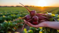 Fresh organic beetroots with green leaves held in hands during golden hour sunset over agricultural field. Farm-to-table harvest concept for healthy eating.