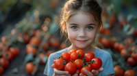 Young girl with blue eyes holding fresh cherry tomatoes in garden, colorful harvest background with bokeh effect creates warm autumn mood.