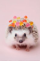 Adorable hedgehog with colorful gummy bear candies on its spines against soft pink background, creating whimsical and playful pet portrait.