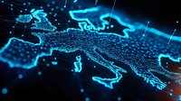 Glowing blue digital map of Europe with network connections and dots showing technological advancement and global communications on dark background.