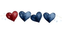 Watercolor heart border with one red and three blue hearts in patriotic colors, perfect for greeting cards, invitations, and holiday designs.