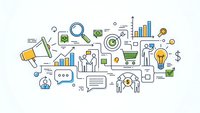 Business strategy and marketing concept with icons including charts, magnifying glass, lightbulb, shopping cart and financial symbols on white background.