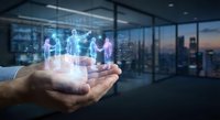 Business team hologram floating above open palm in modern office with city skyline view at dusk representing digital transformation and virtual collaboration.