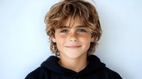 Cheerful young boy with wavy brown hair wearing black hoodie smiling at camera against white background, natural daylight portrait showing genuine happiness.