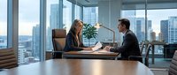 Two professionals in business attire conduct a meeting in a modern high-rise office with floor-to-ceiling windows overlooking a city skyline. The woman, appearing to be of Caucasian descent in her 40s, sits across from a man of similar age and ethnicity, both dressed in formal business clothing. A desk lamp and potted plant accent the contemporary workspace, suitable for corporate, business, and professional concepts.