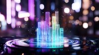 Futuristic glowing hologram cityscape with neon buildings rising from circular digital platform against blurred bokeh background in purple and blue colors.