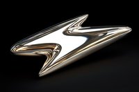 Metallic lightning bolt symbol on black background with chrome finish and reflective surface creates dramatic contrast and modern design element.