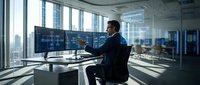 Professional businessman analyzing financial data on multiple monitors in modern office with city skyline view for business presentations and reports.