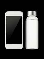 White smartphone with black screen and clear glass water bottle with silver metal cap, isolated on transparent background. Ready for design use on t-shirts, clipart, stickers, print-on-demand products, and sublimation projects.