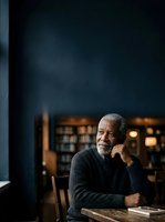 Senior African American man with gray hair sitting thoughtfully at wooden table in modern library setting, wearing dark sweater, hand near face in contemplative pose, warm bookshelf lighting in background.