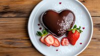 Heart shaped chocolate mousse dessert garnished with fresh strawberry slices, mint leaves and powdered sugar on white plate against rustic wooden background.