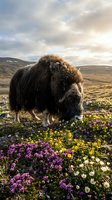 Musk ox grazing among colorful wildflowers in arctic tundra landscape during golden hour with dramatic cloudy sky and rolling hills in background.