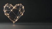 Glowing golden wireframe heart with geometric polygonal structure and bright light points on dark background for romantic design projects.