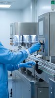 Pharmaceutical technician in blue protective suit operating sterile manufacturing equipment in modern cleanroom laboratory for drug production and quality control.