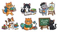Cartoon cats with books and school supplies, isolated on white background, ready for educational materials, children's content, classroom designs, and learning-themed projects.