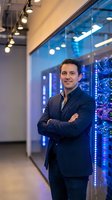 Confident businessman in dark suit standing with crossed arms in modern tech office with blue LED lighting and futuristic digital displays in background.