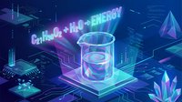 Futuristic hydrogen energy concept with glowing chemical formula and test tube on digital circuit board background for renewable technology presentations.