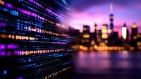 Digital code lines against blurred city skyline at dusk, with purple and blue neon lights reflecting on water surface creating futuristic urban technology concept.