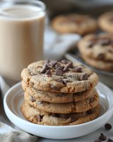 Stack of fresh baked chocolate chip cookies on white plate with glass of milk in background, selective focus on melted chocolate chunks and golden cookie edges.