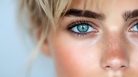 Close-up portrait of young woman with striking blue eyes, natural freckles, and blonde hair against soft blue background.