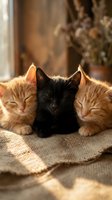 Three adorable kittens sleeping peacefully together on burlap fabric in warm golden sunlight creating cozy domestic scene for pet lovers and animal themes.