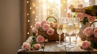 Champagne pouring into elegant glasses with pink roses and warm bokeh lights creating romantic celebration atmosphere for special occasions.