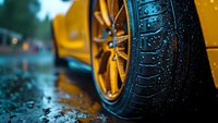 Close-up view of wet sports car wheel with water droplets on yellow rim and black tire, reflecting dramatic lighting on rainy asphalt surface.