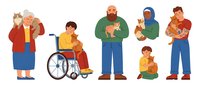 Diverse families with children including elderly grandparents, wheelchair user, and fathers bonding. Multigenerational family relationships and care.