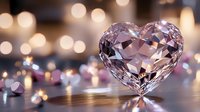 Pink heart-shaped crystal on wooden surface with soft bokeh lights background creates romantic atmosphere for Valentine's Day and wedding designs.