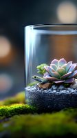 Small green lizard resting on volcanic rock beside purple succulent plant in glass terrarium with moss, creating peaceful indoor garden scene.