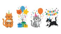Cute cats celebrating birthday party with balloons, gifts, and festive decorations isolated on white background for greeting cards, invitations, and children's designs.