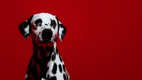 Dalmatian dog portrait on red background with spotted black and white coat pattern looking directly at camera for pet photography and animal lover designs.