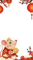Chinese New Year rat zodiac holding gold coin with red lanterns and plum blossoms frame background for greeting cards and festive celebrations.