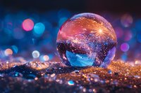 Crystal ball on glittering surface with magical bokeh lights in pink and blue colors creating mystical atmosphere for fortune telling and divination concepts.